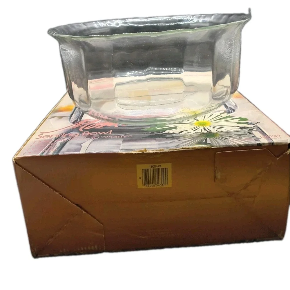 Vintage 80s/90s Anchor Hocking Moments Clear Glass Serving Bowl In Box 10 In.